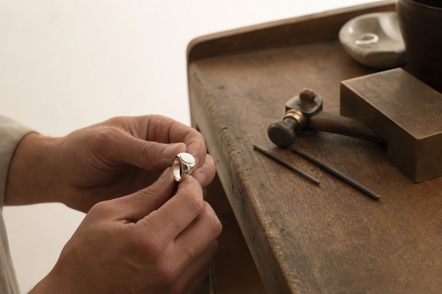 A Cilve ring being checked by hand at the bench