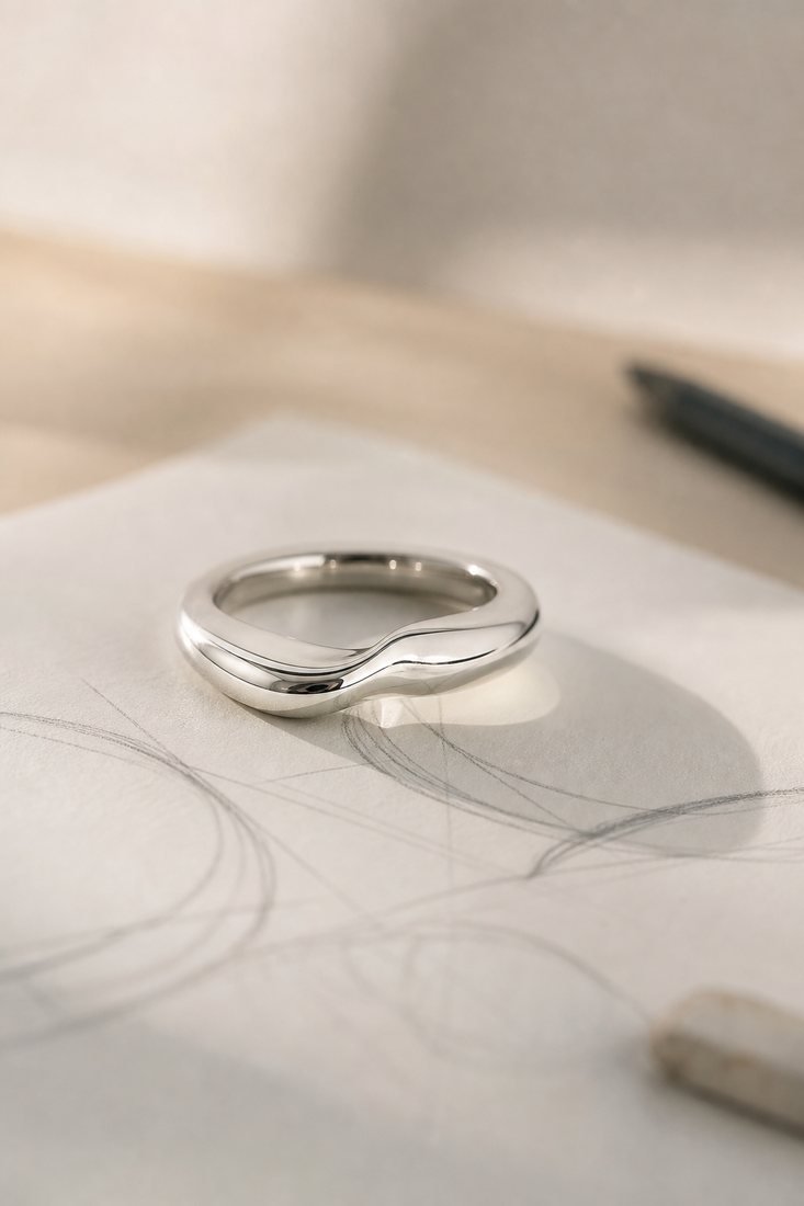 A Cilve silver ring resting on a design sketch